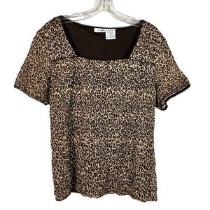 Vintage Y2K Leopard Animal Print Smocked Square Neckline Short Sleeve XL 90s